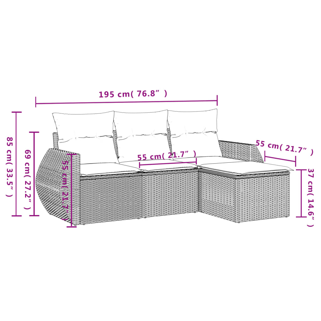 4 pcs conjunto de sofás para jardim c/ almofadões vime PE preto