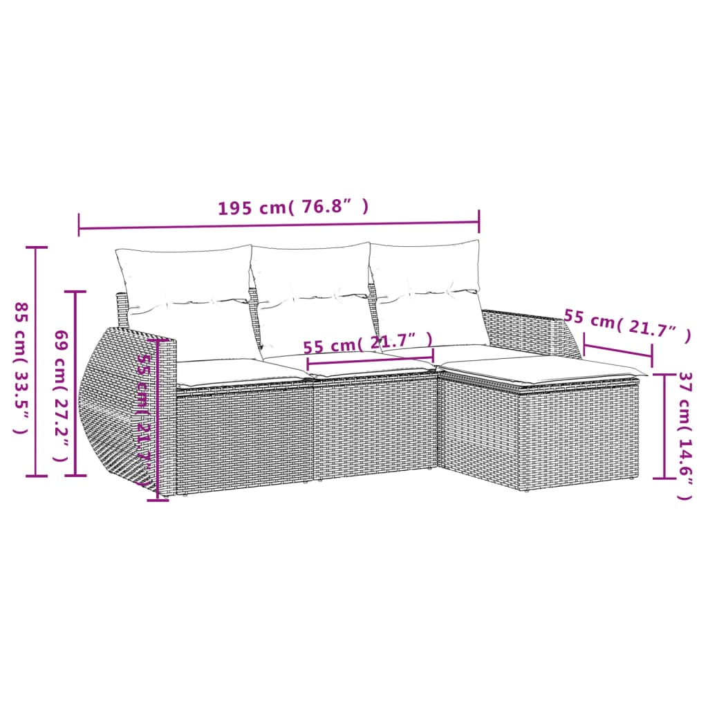 4 pcs conjunto sofás de jardim c/ almofadões vime PE cinzento