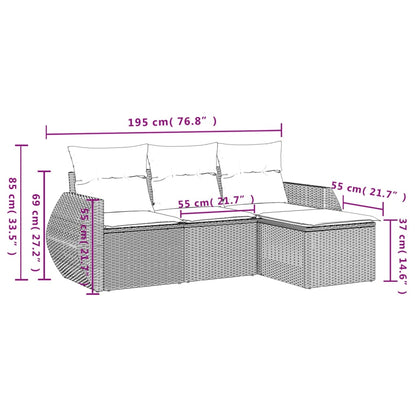 4 pcs conjunto sofás de jardim c/ almofadões vime PE cinzento