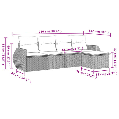 5 pcs conj. sofás jardim c/ almofadões vime PE cinzento-claro