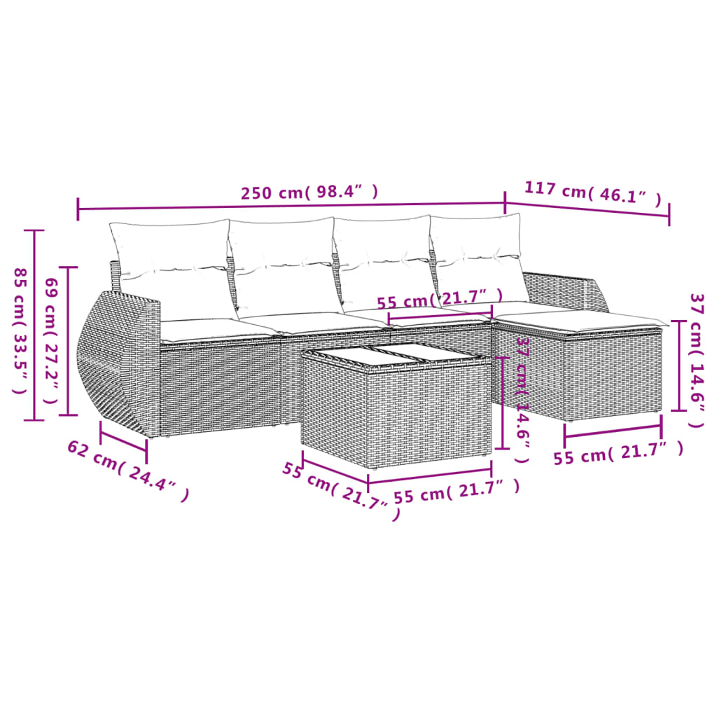 6 pcs conj. sofás jardim com almofadões vime PE cinzento-claro