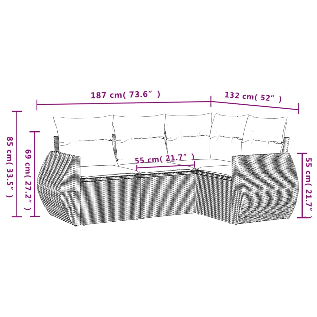 4 pcs conjunto sofás de jardim c/ almofadões vime PE cinzento