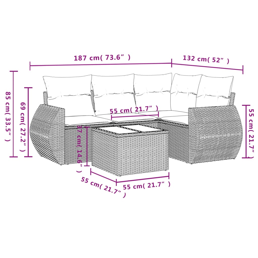 5 pcs conj. sofás jardim c/ almofadões vime PE cinzento-claro