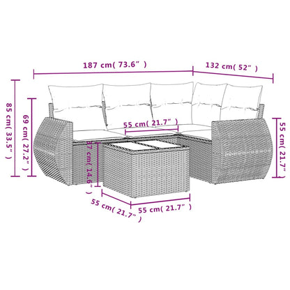 5 pcs conj. sofás jardim c/ almofadões vime PE cinzento-claro