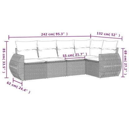 5 pcs conjunto sofás de jardim c/ almofadões vime PE cinzento