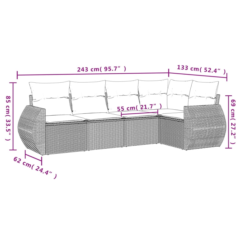 5 pcs conj. sofás jardim c/ almofadões vime PE cinzento-claro