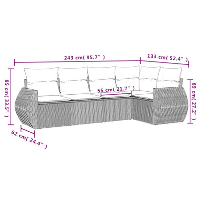 5 pcs conj. sofás jardim c/ almofadões vime PE cinzento-claro