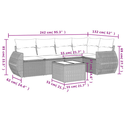 6 pcs conjunto sofás de jardim c/ almofadões vime PE preto