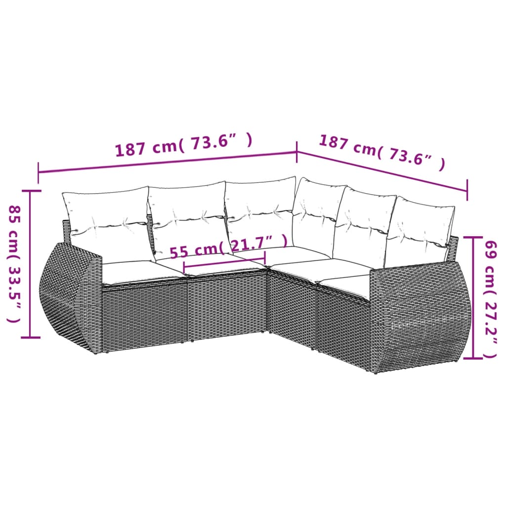 5 pcs conjunto sofás de jardim com almofadões vime PE preto