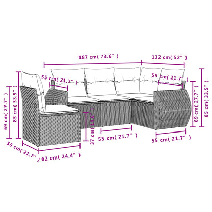 5 pcs conjunto sofás de jardim c/ almofadões vime PE cinzento