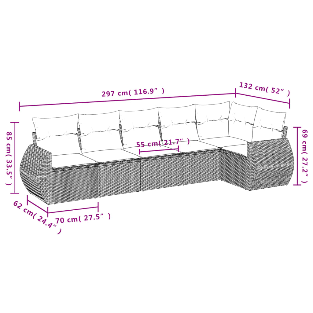 6 pcs conjunto sofás de jardim c/ almofadões vime PE preto