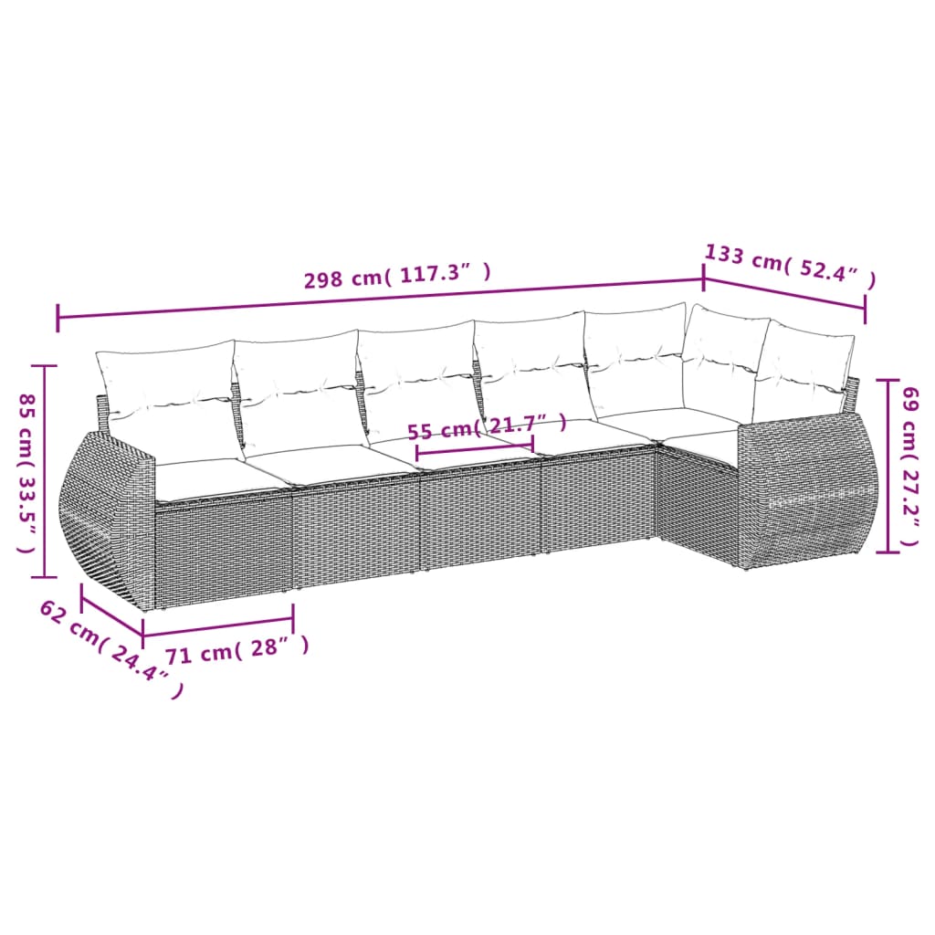 6 pcs conj. sofás jardim com almofadões vime PE cinzento-claro