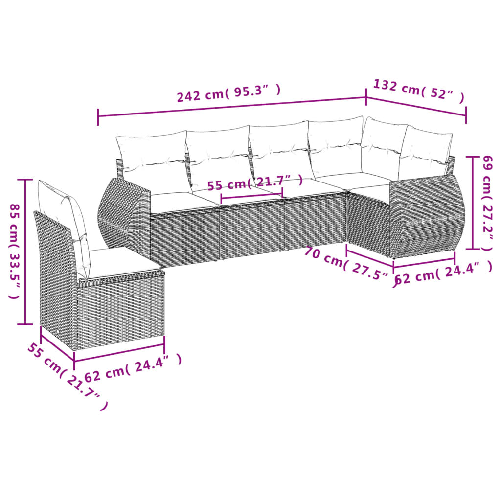 6 pcs conjunto sofás de jardim c/ almofadões vime PE preto