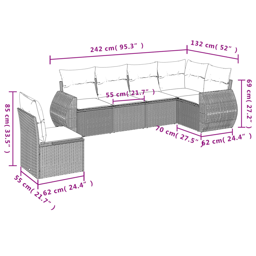 6 pcs conjunto de sofás p/ jardim com almofadões vime PE bege