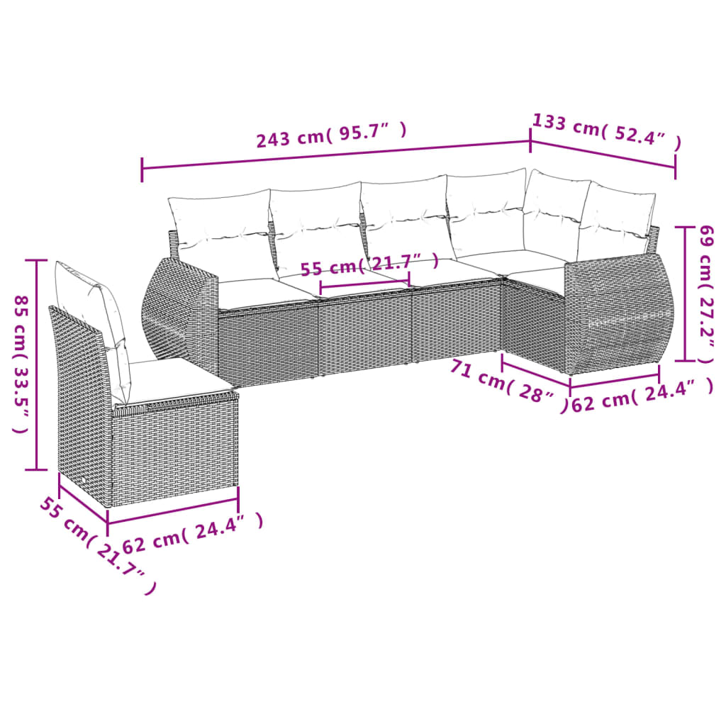 6 pcs conj. sofás jardim com almofadões vime PE cinzento-claro