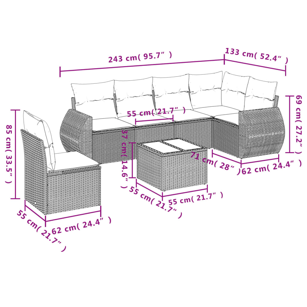 7 pcs conj. sofás jardim com almofadões vime PE cinzento-claro