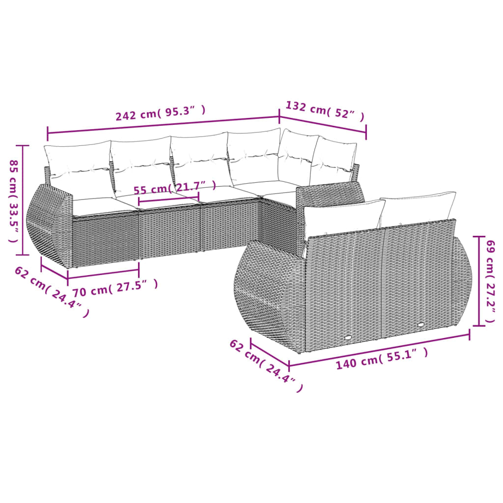 7 pcs conjunto de sofás p/ jardim com almofadões vime PE bege