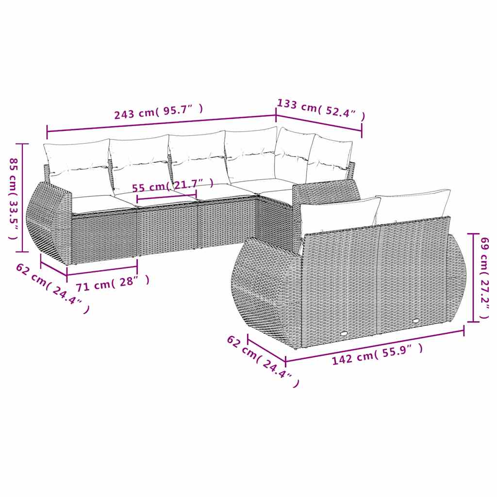 7 pcs conj. sofás jardim com almofadões vime PE cinzento-claro