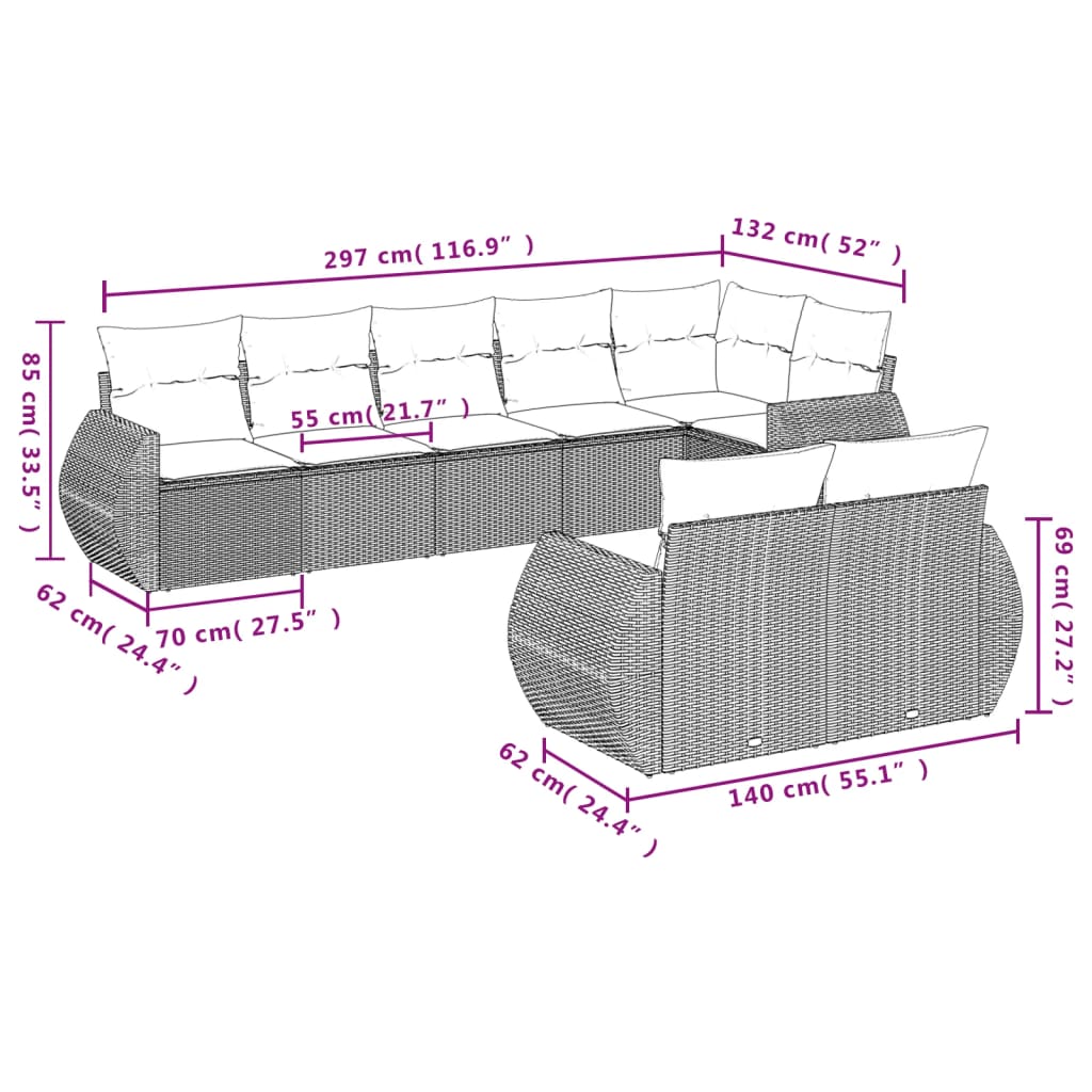 8 pcs conjunto sofás de jardim com almofadões vime PE preto