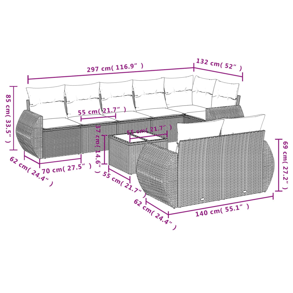 9 pcs conjunto de sofás p/ jardim c/ almofadões vime PE preto