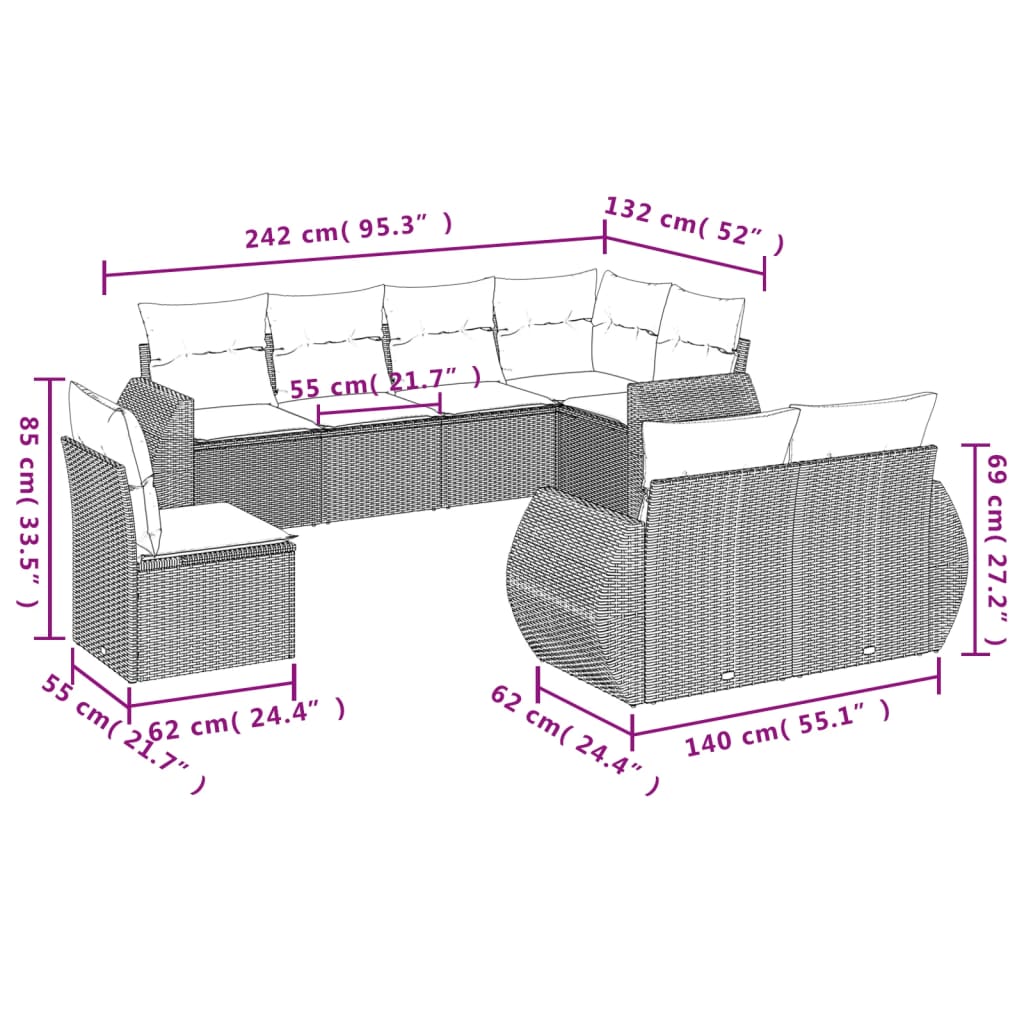 8 pcs conjunto de sofás p/ jardim com almofadões vime PE bege