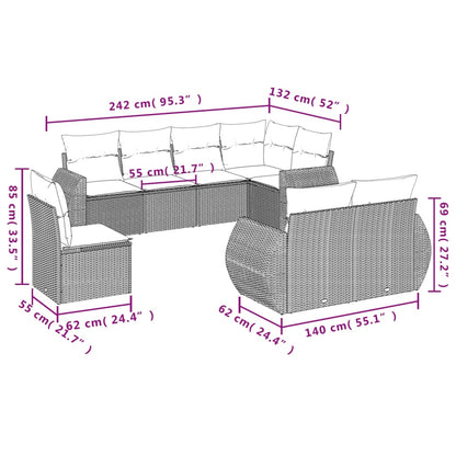 8 pcs conjunto de sofás p/ jardim com almofadões vime PE bege