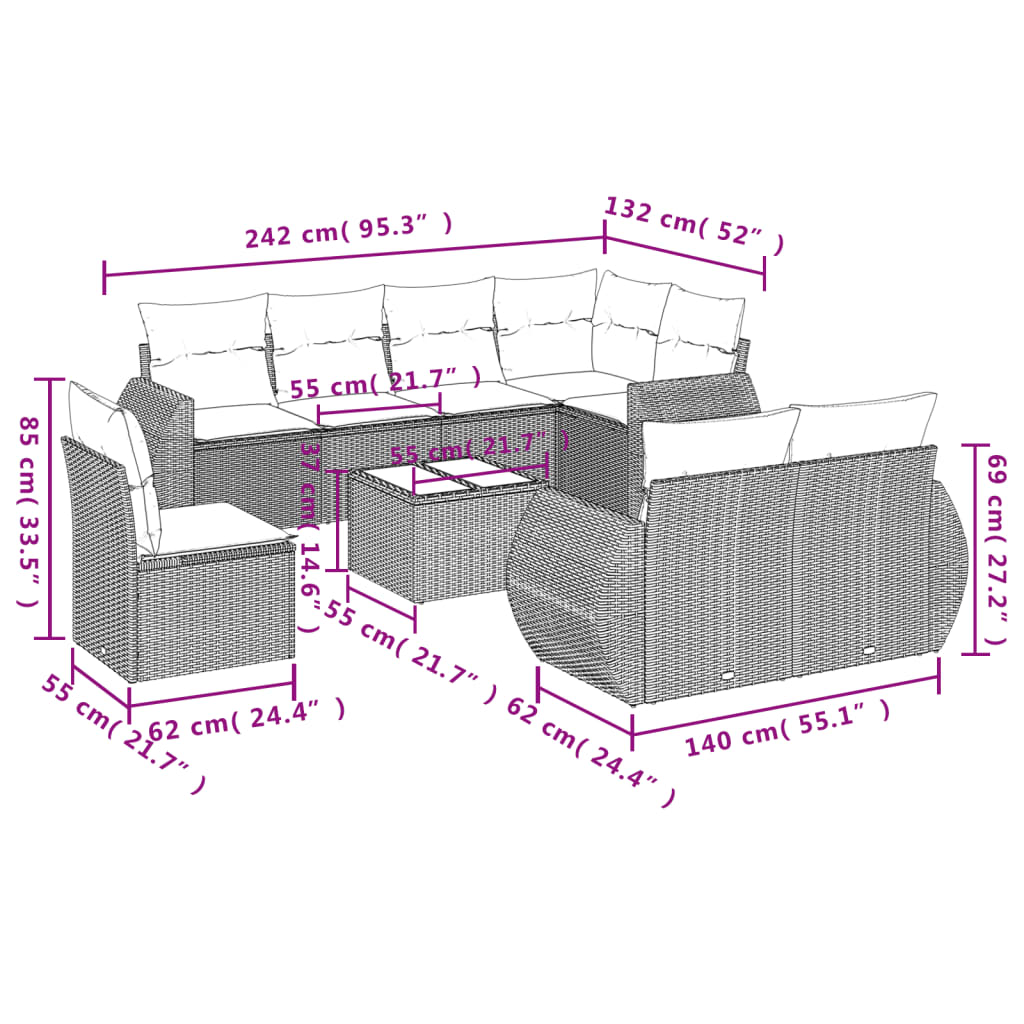 9 pcs conjunto de sofás p/ jardim c/ almofadões vime PE preto