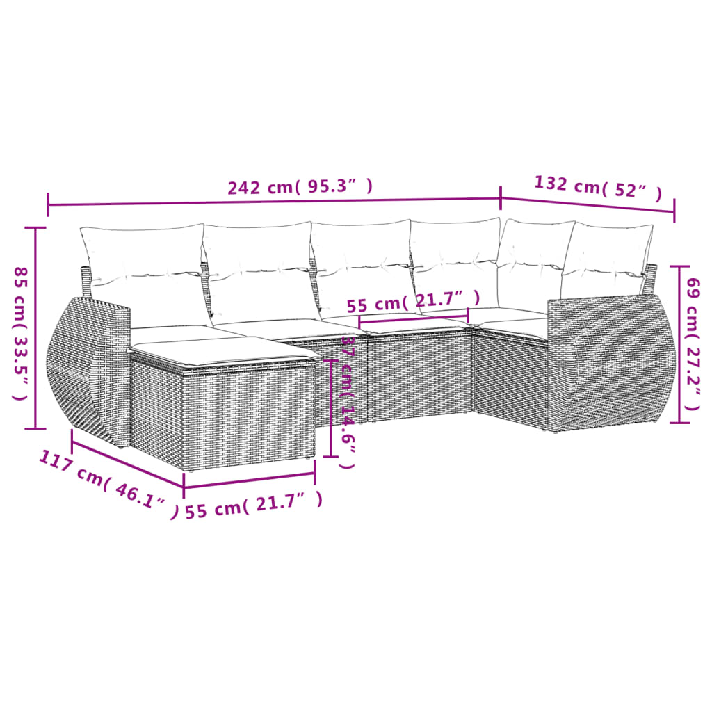 6 pcs conjunto sofás de jardim c/ almofadões vime PE preto