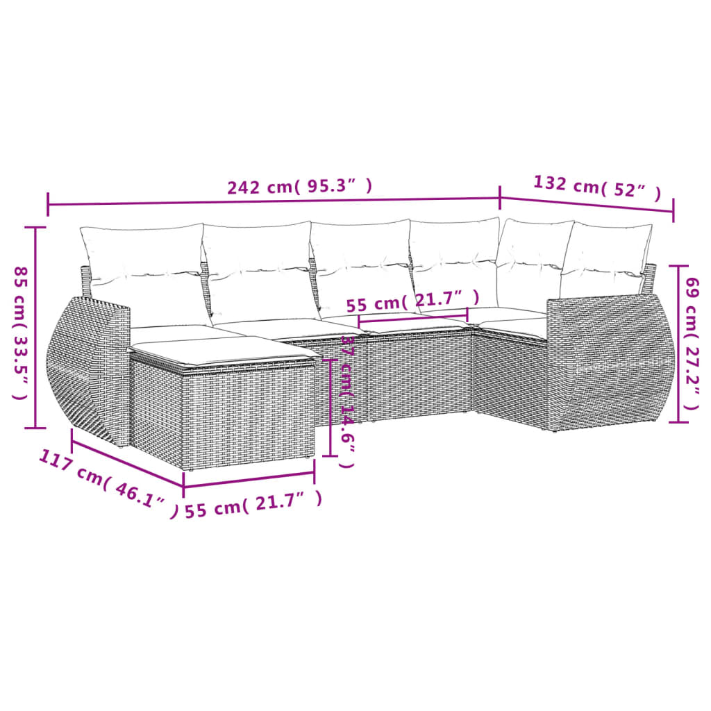 6 pcs conjunto de sofás p/ jardim com almofadões vime PE bege