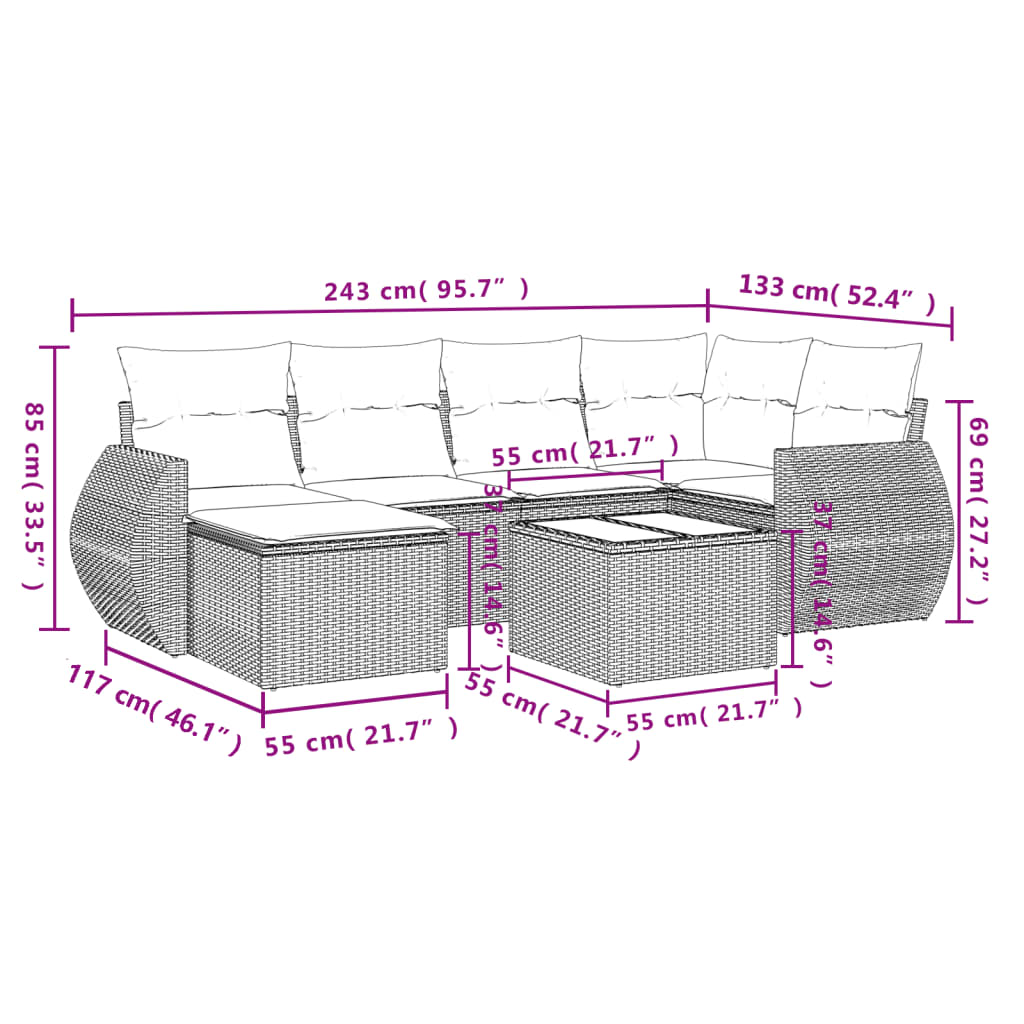 7 pcs conjunto de sofás p/ jardim c/ almofadões vime PE preto