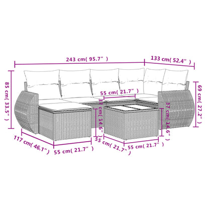 7 pcs conjunto de sofás p/ jardim c/ almofadões vime PE preto