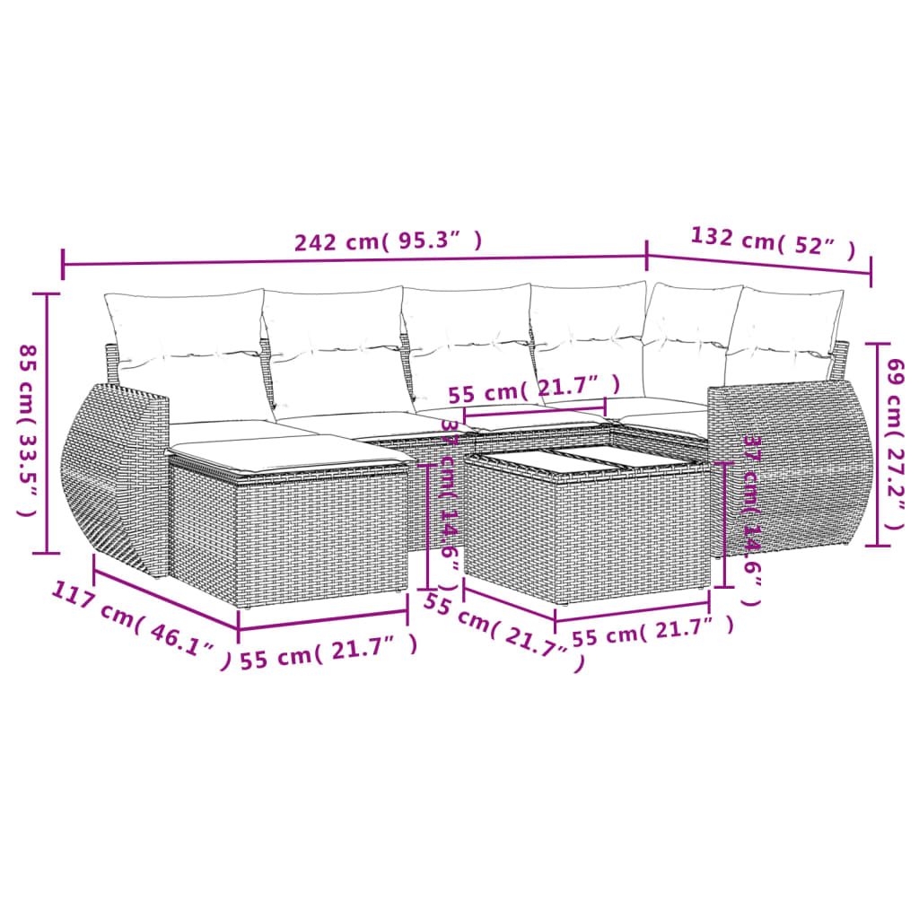 7 pcs conjunto sofás p/ jardim c/ almofadões vime PE cinzento