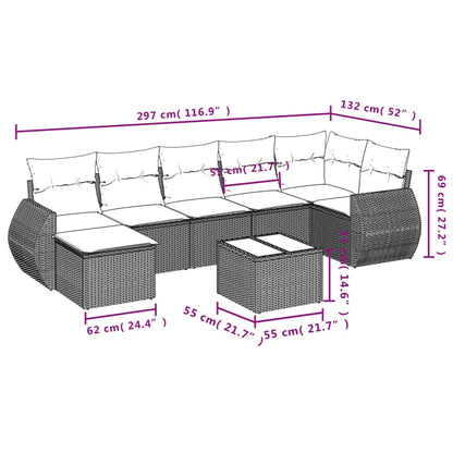 8 pcs conjunto sofás de jardim com almofadões vime PE preto