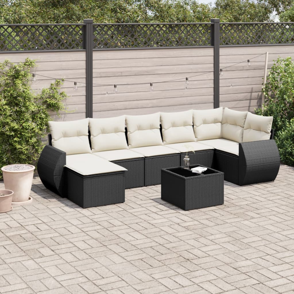 8 pcs conjunto sofás de jardim com almofadões vime PE preto