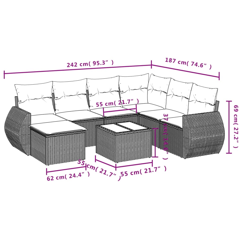 8 pcs conjunto de sofás p/ jardim com almofadões vime PE bege