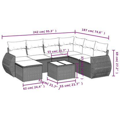 8 pcs conjunto de sofás p/ jardim com almofadões vime PE bege