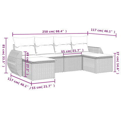 6 pcs conjunto sofás de jardim c/ almofadões vime PE preto