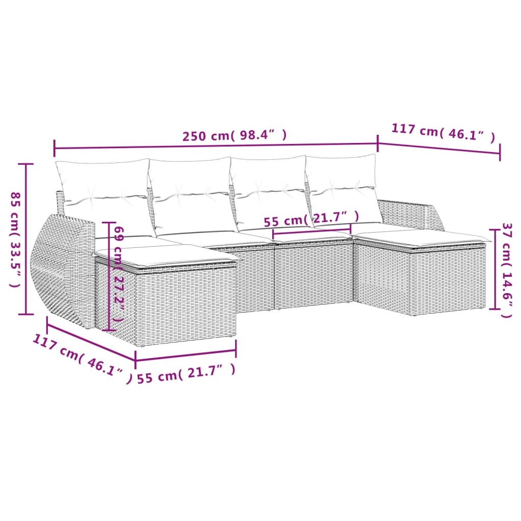 6 pcs conjunto sofás de jardim com almofadões vime cinzento