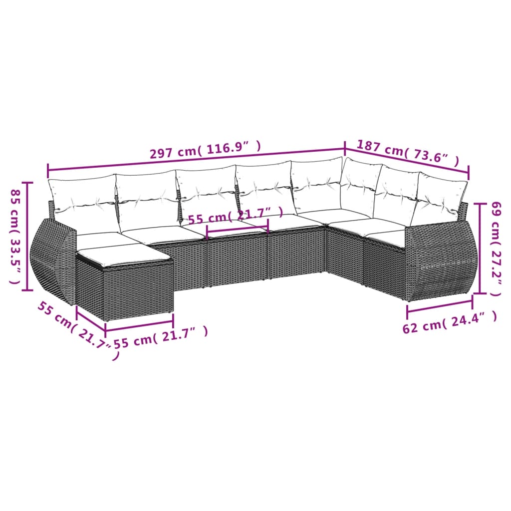 8 pcs conjunto sofás de jardim com almofadões vime PE preto