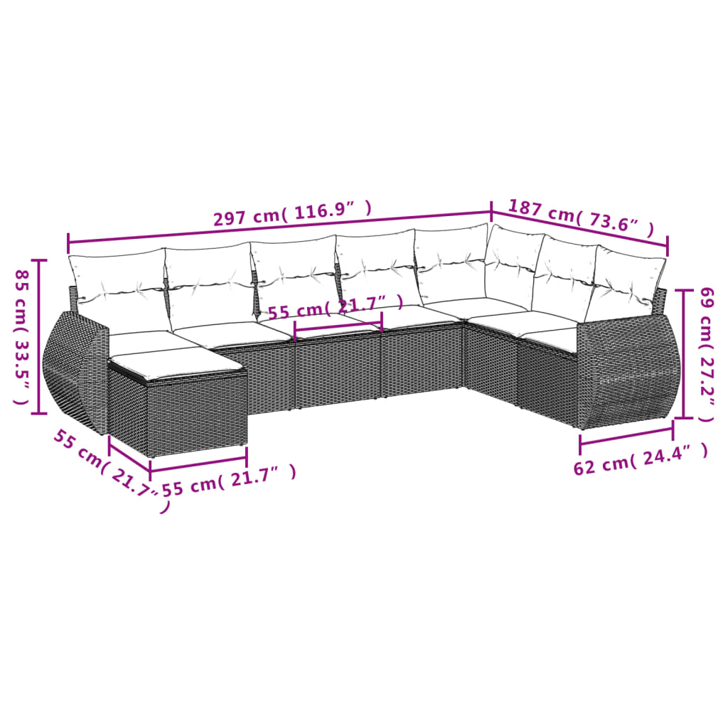 8 pcs conjunto sofás de jardim c/ almofadões vime PE cinzento