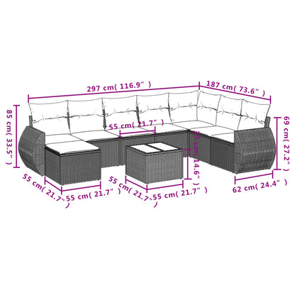 9 pcs conjunto de sofás p/ jardim c/ almofadões vime PE preto