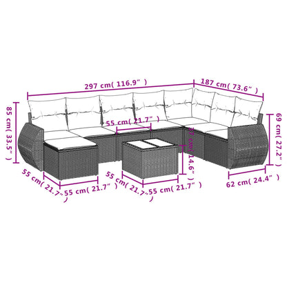 9 pcs conjunto de sofás p/ jardim com almofadões vime PE bege