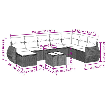 9 pcs conjunto sofás p/ jardim com almofadões vime PE cinzento