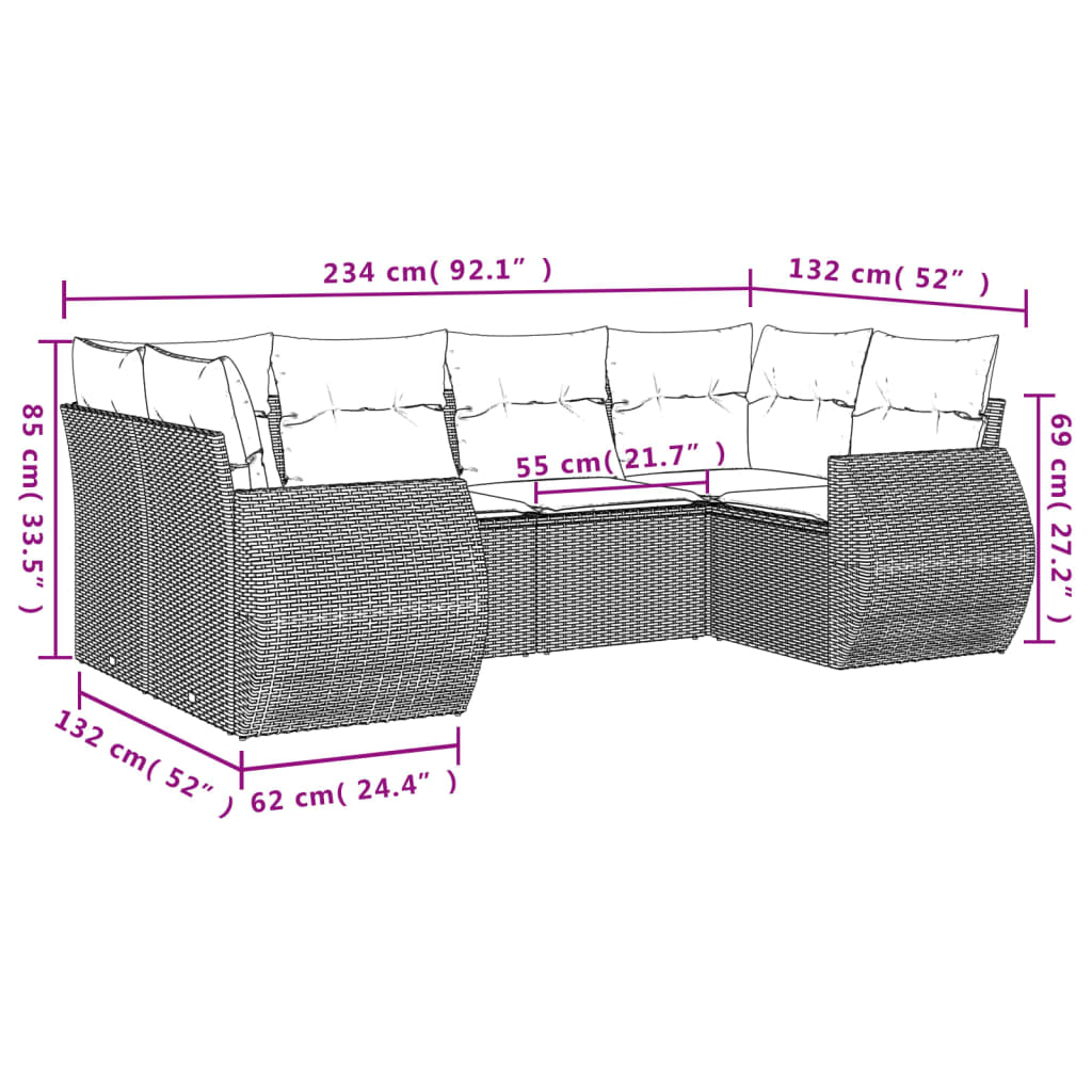 6 pcs conjunto sofás de jardim com almofadões vime cinzento