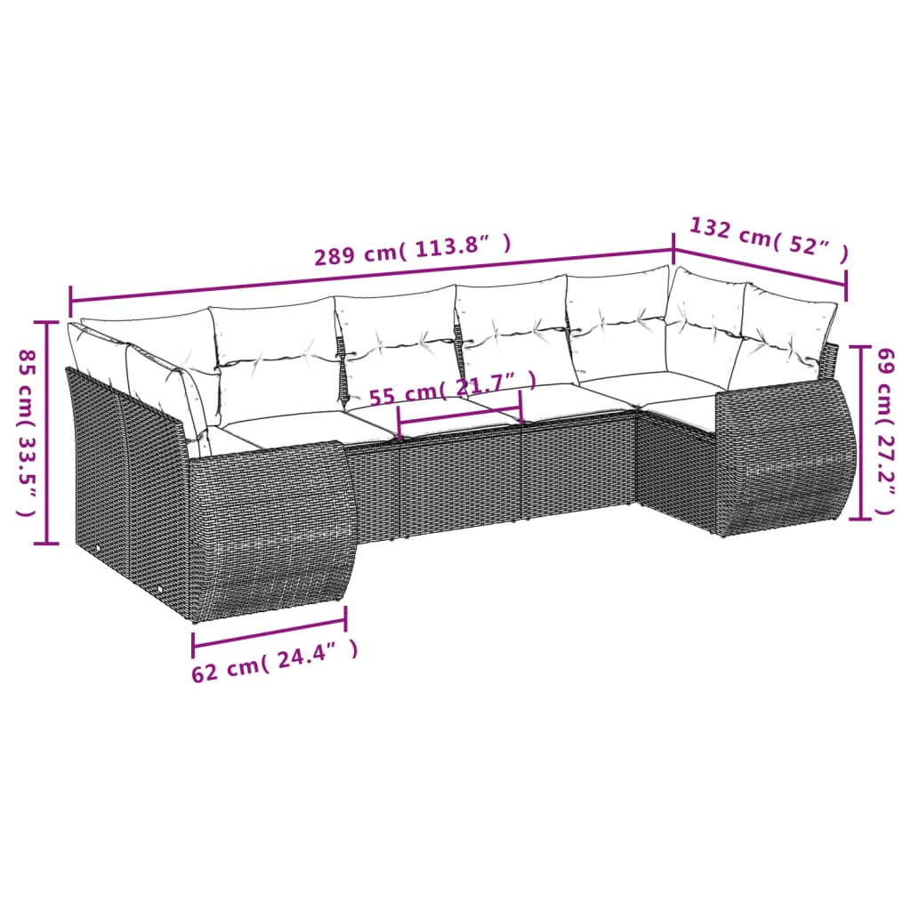 7 pcs conjunto sofás p/ jardim c/ almofadões vime PE cinzento