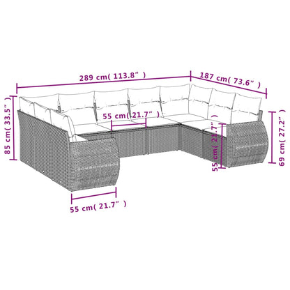 9 pcs conjunto de sofás p/ jardim com almofadões vime PE bege