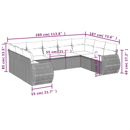 9 pcs conj. sofás jardim com almofadões vime PE cinzento-claro