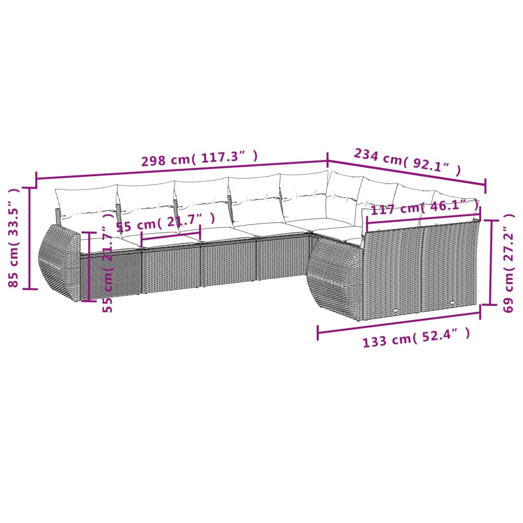 9 pcs conjunto sofás p/ jardim com almofadões vime PE cinzento