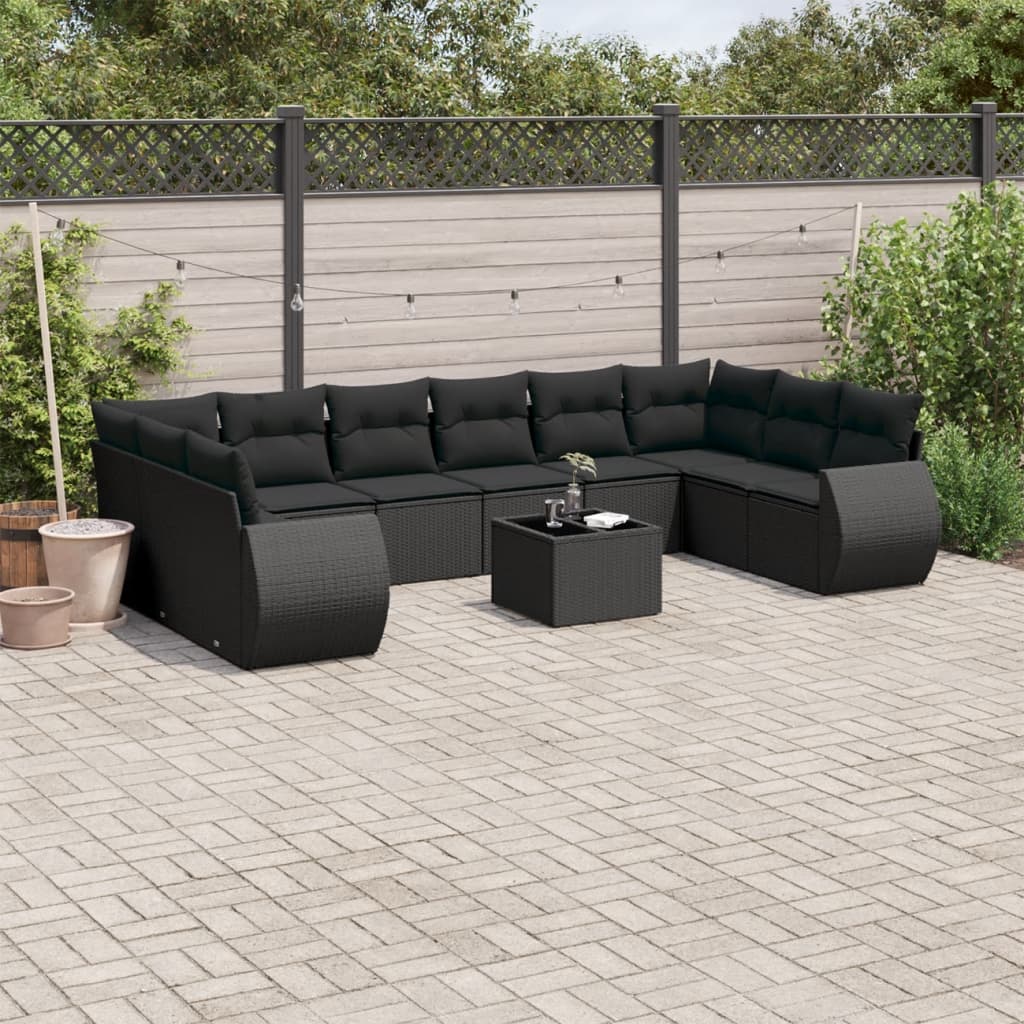 11 pcs conjunto sofás de jardim c/ almofadões vime PE preto