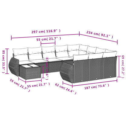 11 pcs conjunto sofás de jardim c/ almofadões vime PE preto